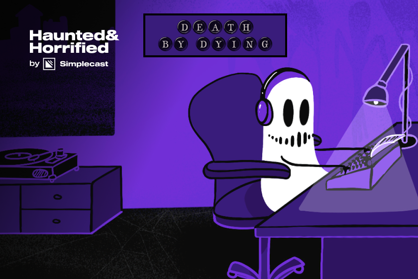 Ghost wearing headphones sits at a desk using a typewriter. A desk lamp shines on it. "Death By Dying" is on the wall.