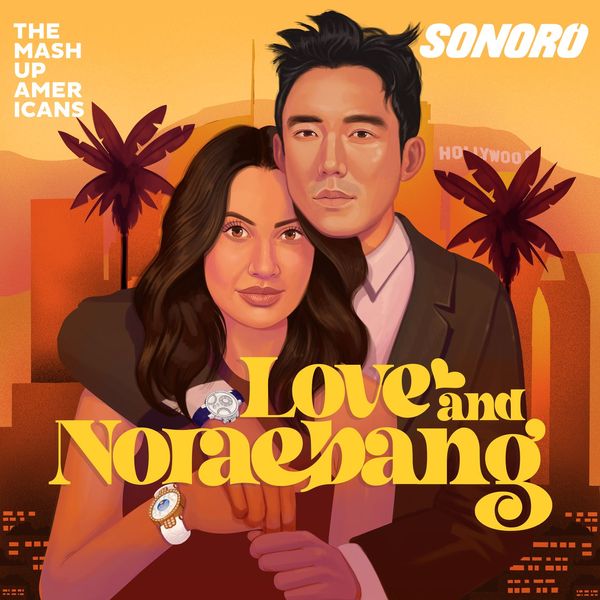 Love and Noraebang art: a Mexican-American woman and Korean man embrace, the Hollywood sign and palm trees behind them