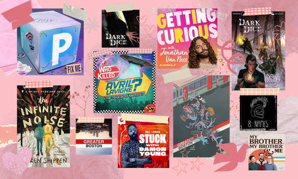 Scrapbook-style collage of various podcast cover art images, book covers, and in-world art on a pink background.