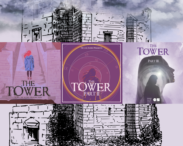 Cover art for each part of The Tower on top of a black-and-white tower disappearing into clouds.