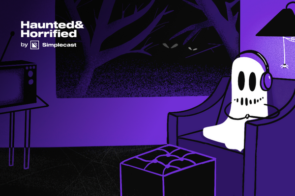 A ghost wearing headphones sits next to a window in a purple room; outside, a dark forest. Haunted & Horrified by Simplecast.