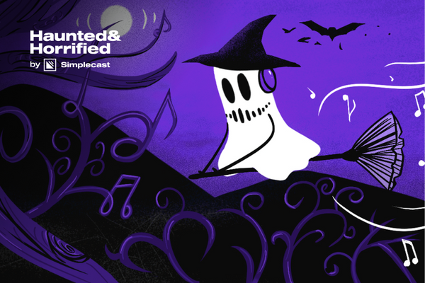 A ghost wearing headphones, wearing a witch hat and flying on a broom in the night. There are twirling music notes and bats.