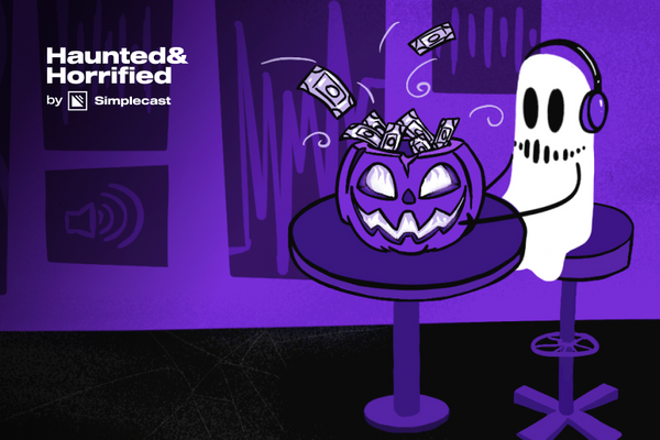 A ghost wearing headphones sits at a tall table. There's a trick or treat jack-o-lantern and there is money whizzing into it.