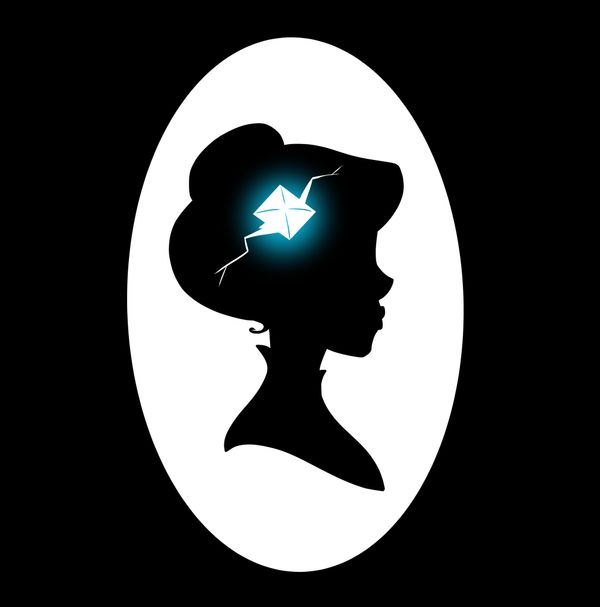 Silhouetted cameo of a woman. Popping out of her hair, like a glowing blue crack in her head, is a diamond gem.