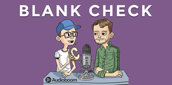 Blank Check cover art, featuring cartoon designs of Griffin and David sitting next to a mic. One holds a letter C.