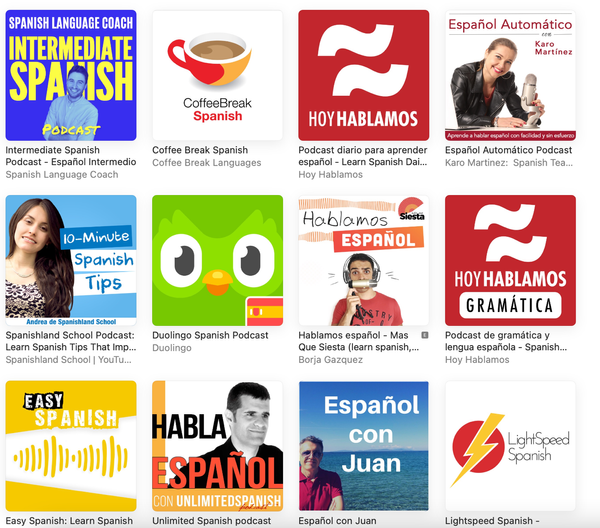 Screenshot of the results of search term "Spanish Podcasts" on Apple Podcasts
